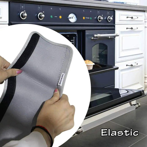 Hands holding 4 Pack Neoprene Refrigerator Door Handle Covers For Most Handles 9 To 11 Cm Perimeter Anti Slip Anti Static Protectors Keep Fingerprints And Food Stains Off Gray Machine Washable near kitchen oven, labeled elastic.