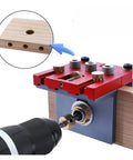 Multi Functional Woodworking Punch Positioner With Aluminum Alloy Tenon Locator For Precise Splicing And Plate Opening 3 In 1 Tool Setup, shown with drilling unit and wooden piece.