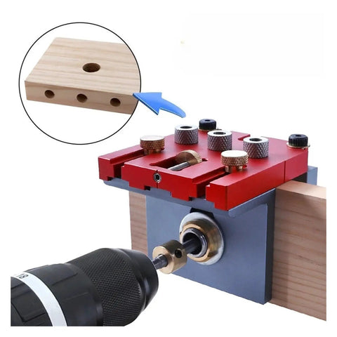 Multi Functional Woodworking Punch Positioner With Aluminum Alloy Tenon Locator For Precise Splicing And Plate Opening 3 In 1 Tool Setup, shown with drilling unit and wooden piece.