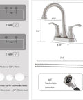 Diagram of 2-Handle Brushed Nickel Bathroom Sink Faucet With 360 Degree Swivel High Arc Spout and 4 Inch Centerset, Includes Pop Up Drain And Water Hoses, Easy 15 Minute Install for a Slick, Modern Vanity Upgrade, with dimensions and fittings.