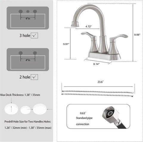 Diagram of 2-Handle Brushed Nickel Bathroom Sink Faucet With 360 Degree Swivel High Arc Spout and 4 Inch Centerset, Includes Pop Up Drain And Water Hoses, Easy 15 Minute Install for a Slick, Modern Vanity Upgrade, with dimensions and fittings.