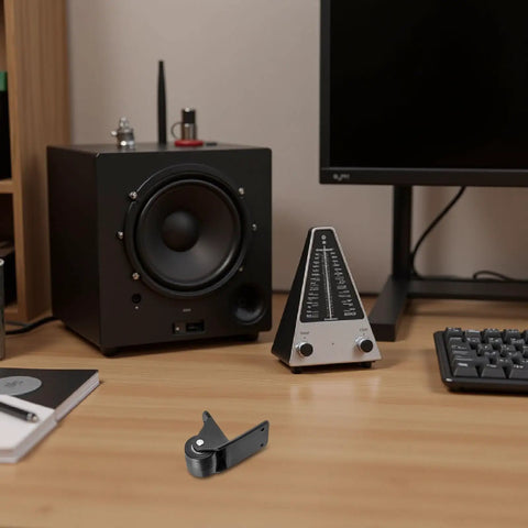 Rigid L Shape Plate Mount Caster on desk near audio equipment, highlighting non-swivel, heavy-duty PVC rubber wheel design for stability.