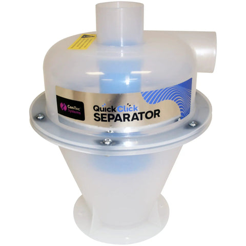 Heavy Duty Quick Click Dust Separator Featuring Slick Twelve Gallon Locking Collection Bin And Efficient Air Relief Design, transparent plastic design.