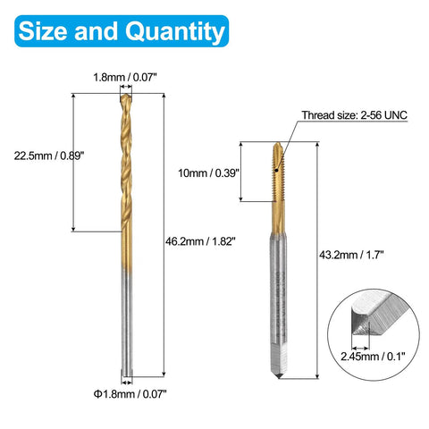 Tap And Drill Bit Set With 2 56 UNC Right Hand Spiral Point Tap And 1 Point 8 Mm Twist Drill Bit Titanium Coated HSS 6542 size chart