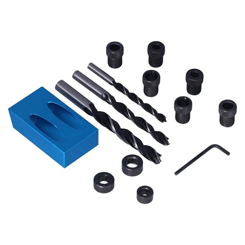 Straight Up Game Changer 15 Degree Oblique Hole Drilling Jig Kit 14 Piece Drill Guide Locator with drill bits and accessories.