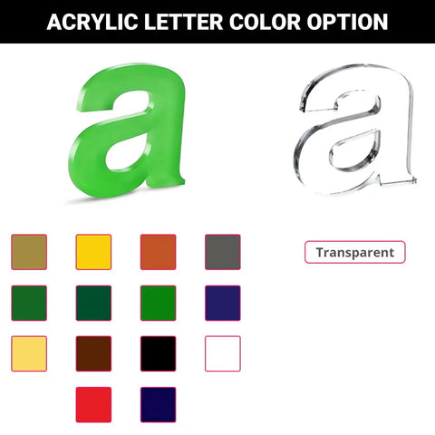 Acrylic letter color options for Bold Custom Acrylic Sign With Large 3D Laser Cut Logo, featuring various color finishes and transparent style.