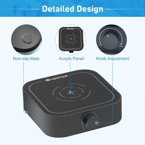 Rechargeable Magnetic Stirrer With 3000rpm Stir Plate featuring non-slip mats, acrylic panel, and knob adjustment for precise control.