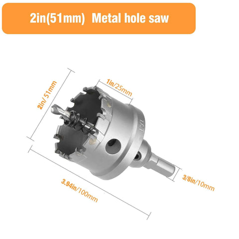 Side view of 2-inch (51mm) tungsten carbide hole saw with spring-loaded pilot bit