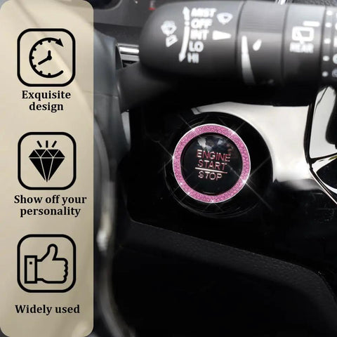 Car interior with engine start stop button, pink rhinestone ring, and labels: Exquisite design, Show off your personality, Widely used.