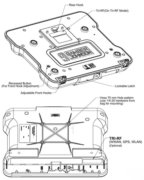 Detailed view of Rock Solid Dell Rugged Laptop Vehicle Cradle with Tri RF Antenna features and adjustable hooks.