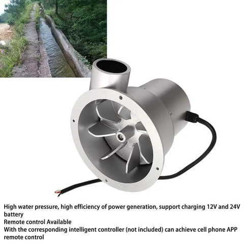 Compact 100W DC Hydro Generator with brushless permanent magnet motor for off-grid power, shown with water turbine converter