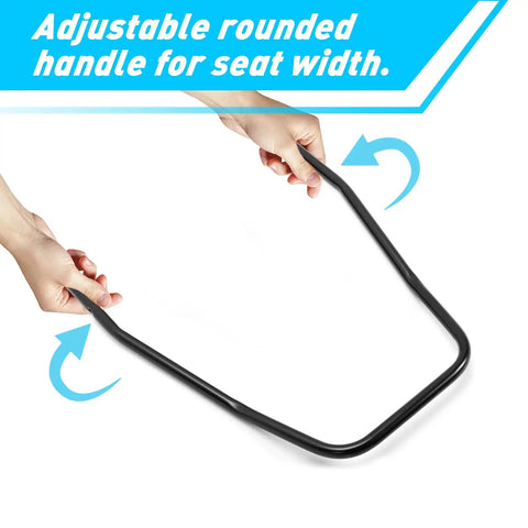 Hands adjusting rounded handle of universal seat slider track kit with dual locking rails for aftermarket seats aluminum