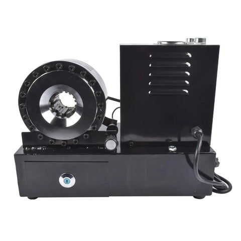 Versatile Black Electric Hydraulic Hose Crimper For 1/4 To 1 Inch Steel Wire R1 And R2 Hoses side view with interchangeable dies.