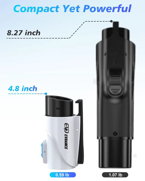 Tesla To J1772 Charging Adapter With 80 Amp Max Supporting 250 Volts For Lightning Fast Electric Vehicle Charging Compatible With Tesla Destination Chargers And Mobile Connectors No Sweat Setup White shown with size and weight details.