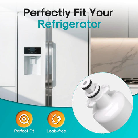 Replacement Refrigerator Water Filter For LG LT700P And Kenmore Elite 9690, NSF 401 And 473 Certified, shown with fridge fit