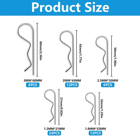 60 Piece Cotter Pin Kit With 5 Size Assortment, Heavy Duty R Clips And Hairpin Pins, Stainless Steel Fasteners, size chart