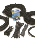 PowerBraid Split Braided Sleeving Kit for Wiring Harness includes heat shrink, tie wraps, and braided sleeves on white background.
