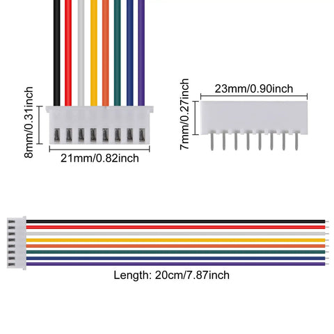 10 Pair JST XH Connector Kit 2.54mm Pitch 8 Pin Header Male And Female Plugs With Flat Wire Cable 200mm 26 AWG dimensions