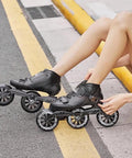 Person wearing Carbon Fiber Inline Speed Skates with 3x110mm Blue PU Wheels, ABEC-9 Bearings on outdoor street