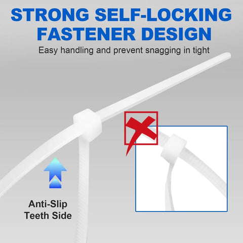 Heavy Duty 8 Inch Nylon Cable Ties, 1200 Pack, Self Locking White Plastic Wire Ties With 50Lb Tensile Strength, close-up view of self-locking mechanism