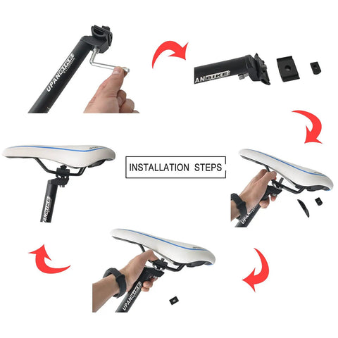 Installation steps for Aluminum Bike Seat Post 13.8 Inch 350mm With Micro Adjust Clamp and adjustable saddle tilt.