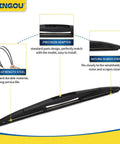 All Season No Sweat Swap 14 Inch Rear Wiper Blade Compatible With Subaru Outback Forester And Honda Fit Back Windshield Wiper Replacement showing high-strength steel and natural rubber strips.
