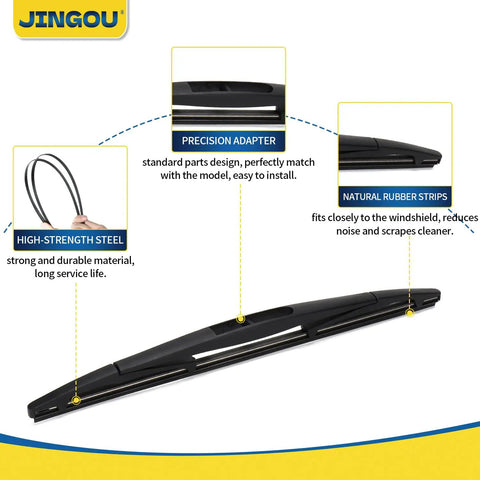 All Season No Sweat Swap 14 Inch Rear Wiper Blade Compatible With Subaru Outback Forester And Honda Fit Back Windshield Wiper Replacement showing high-strength steel and natural rubber strips.
