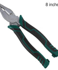 8 inch pliers with green and black handles; similar to 9 Inch All In One Pliers For Electricians And DIYers That Cut Strip Crimp And Twist