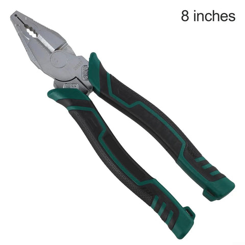8 inch pliers with green and black handles; similar to 9 Inch All In One Pliers For Electricians And DIYers That Cut Strip Crimp And Twist
