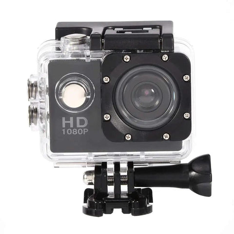 Front view of Go Anywhere Action Camera 1080P Full HD With 2 Inch LCD Screen Waterproof 30m Case Kit Of Mounting Accessories Bracket Black