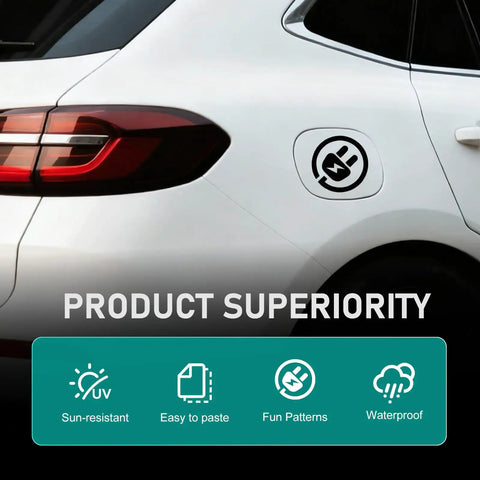 Badass Waterproof Reflective EV Charging Port Sticker Black Electric Plug Vinyl Decal on a white electric vehicle.