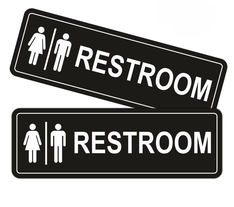 Two Pack Unisex Bathroom Signs For Doors Or Walls, Heavy Duty Metal Signs With Super Strong Adhesive, Black 9 Inch By 3 Inch