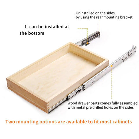 Smooth Glide Pull Out Cabinet Organizer And Slide Out Drawer With Heavy Duty Rollers showing wood drawer and metal tracks