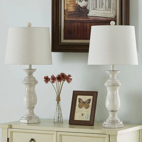 27 Inch Farmhouse Table Lamps Set Of 2 For Living Room Rustic End Table Lamps With White Fabric Shade Antique White Finish 3 Way Dimmable Bedside Nightstand Lighting For A Cozy Vibe