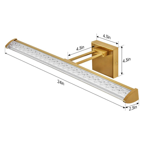 Brushed Gold 24 Inch Vanity Light With 3000K LED, Modern Bathroom Wall Fixture, Water Ripple Shade, Adjustable Angle Bracket