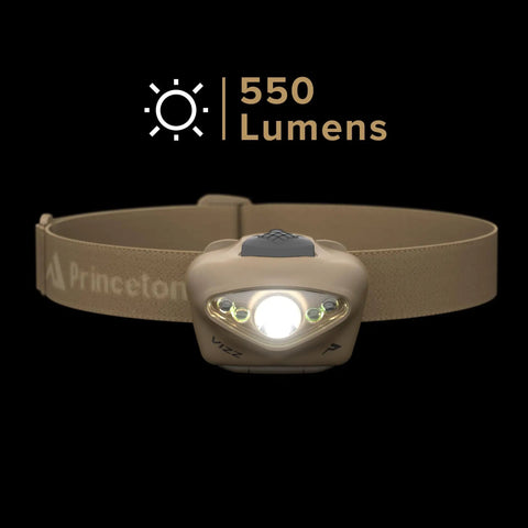Vizz Headlamp 550 Lumen Dimmable LED With IPX7 Water Resistance in Tan Tactical Build shown with glowing light