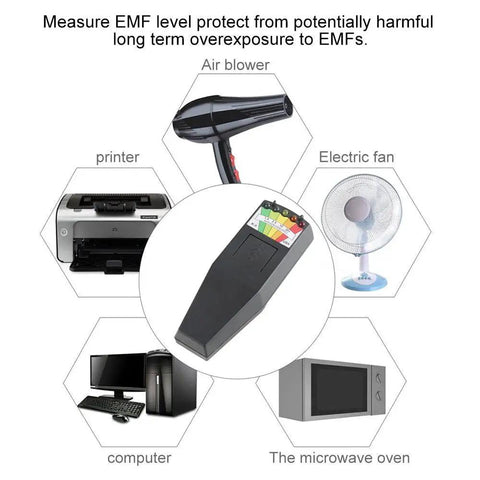 EMF Meter For Ghost Hunting With Instant EMF Response and LED Display surrounded by household electronics like printer and fan.
