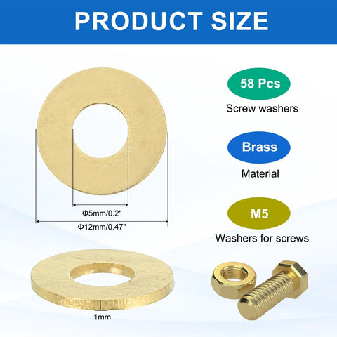 Precision Engineered Heavy Duty 58 Pack Brass Flat Washers M5 5mm Inner Diameter 12mm Outer Diameter 1mm Thick Crush Gasket Assortment detailed product size and dimensions.