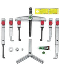 Universal 2-Jaw and 3-Jaw Puller Set With Two Different Pulling Hook Types For Auto Repairs Gear Extractors Bearing Removal And Hub Service Pro Grade Heavy Duty Kit For Pros And DIYers displayed with components spread out.