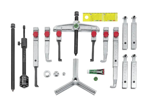 Universal 2-Jaw and 3-Jaw Puller Set With Two Different Pulling Hook Types For Auto Repairs Gear Extractors Bearing Removal And Hub Service Pro Grade Heavy Duty Kit For Pros And DIYers displayed with components spread out.