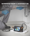 Handheld Borescope Camera With Built-In 4.3 Inch Display, 1080P Snake Camera, 16.5 Ft Cable, 8 LEDs, IP67 Waterproof, 1800mAh Battery, No Phone Needed, Perfect For Automotive, Plumbing, HVAC, And Wall Inspections. in use under a sink