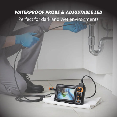 Handheld Borescope Camera With Built-In 4.3 Inch Display, 1080P Snake Camera, 16.5 Ft Cable, 8 LEDs, IP67 Waterproof, 1800mAh Battery, No Phone Needed, Perfect For Automotive, Plumbing, HVAC, And Wall Inspections. in use under a sink