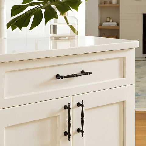 Dope Matte Black Vintage Cabinet Pulls 10 Pack 3.75 Inch on white kitchen cabinet, showcasing vintage design and durable build.