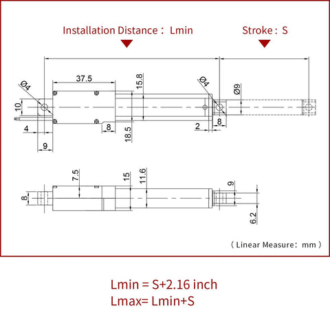 Technical drawing of a compact 25mm stroke linear actuator, showing dimensions and installation details, IP54 aluminum body.
