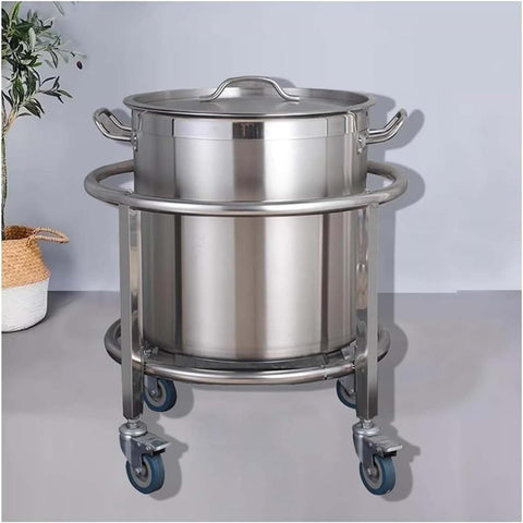 Heavy Duty Steel Drum Dolly Cart For Moving Industrial Barrels Kitchen Soup Pots And Milk Buckets Adjustable Height Roller Rack with a stainless steel pot on a wheeled cart.