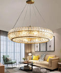 Sleek Modern Crystal Chandelier Ceiling Light With Adjustable Gold Pendant Ring Featuring Quick Setup Eight Bulb Glass Halo Fixture To Level Up Kitchen Dining Decor in a stylish living room.