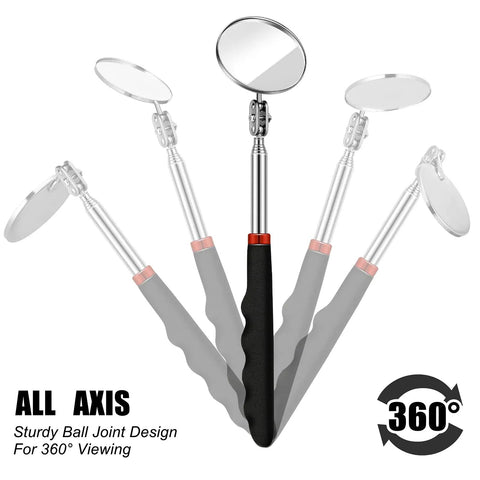 Three Piece Telescoping Inspection Mirror Set With Round, Square, And Oval Styles showing extendable handles and 360° rotation