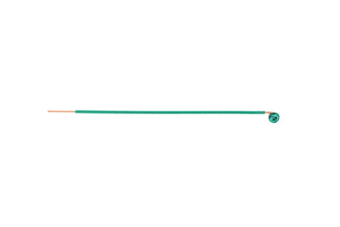 Green 12 AWG Solid Pigtails With Screws, Grounding Wire Set, 8 Inch Tail With Loop And Ground Screw, Brass Alloy Terminal, side view
