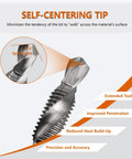 Close-up of self-centering tip on 6-Piece Metric Drill And Tap Bit Set HSS M3 To M10 With 1/4 Inch Hex Shank, 2-In-1 Tools
