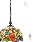 Tiffany Pendant Light Plug In Hummingbird Amber Stained Glass, 12 Inch Hanging Lamp From S101 Series with cord and bulb